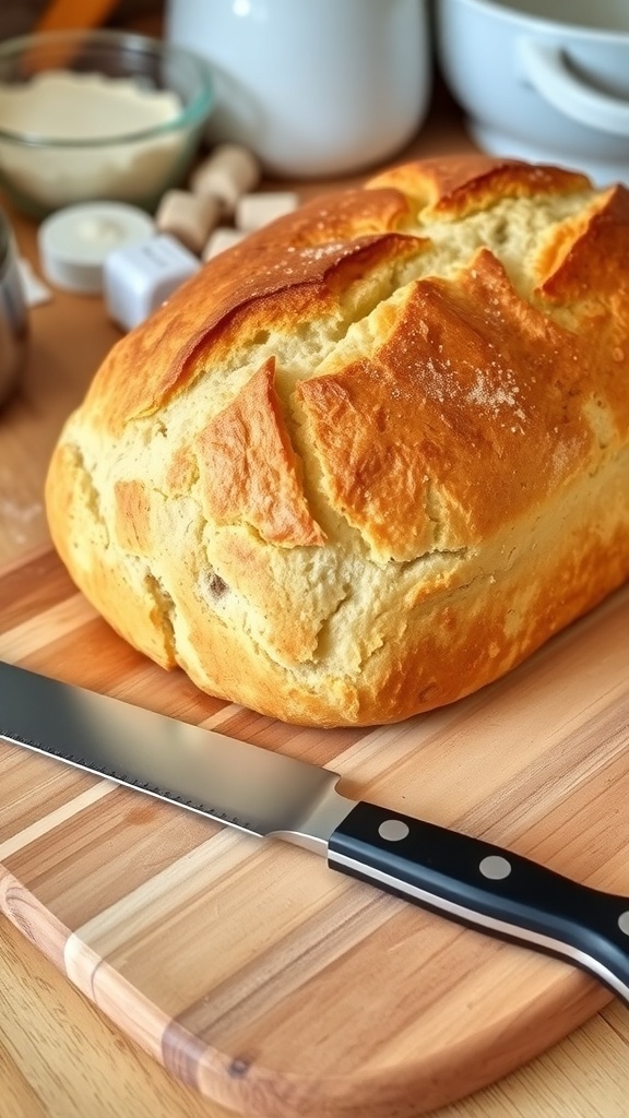 No-Knead Dutch Oven Bread Recipe A golden brown loaf of no-knead bread on a cutting board with a knife beside it.